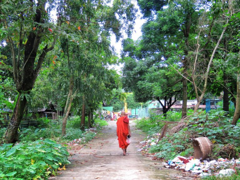 A monk clothed in bright orange walks toward a golden pagoda temple near Yangon, Myanmar