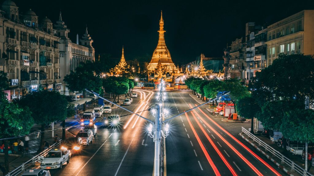 Sule Pagoda shining brightly at night in Yangon