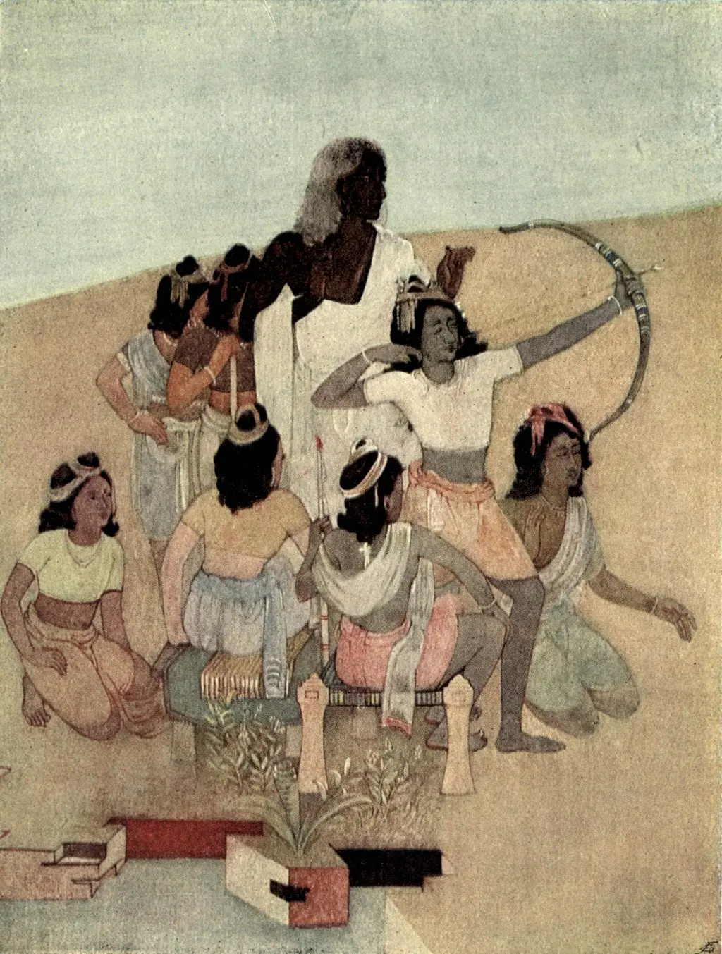 Drona instructs Arjuna on the bow