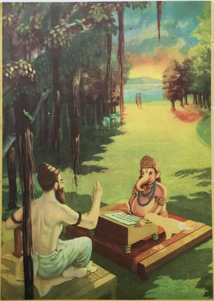 Vyasa dictates the Mahabharata to Ganesha
