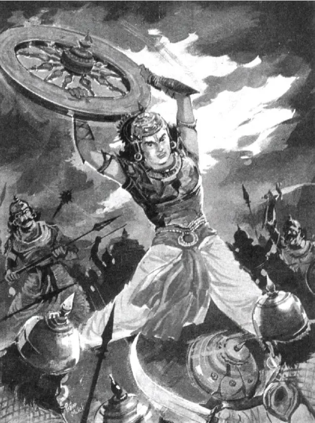 Abhimanyu fighting with the wheel of his chariot